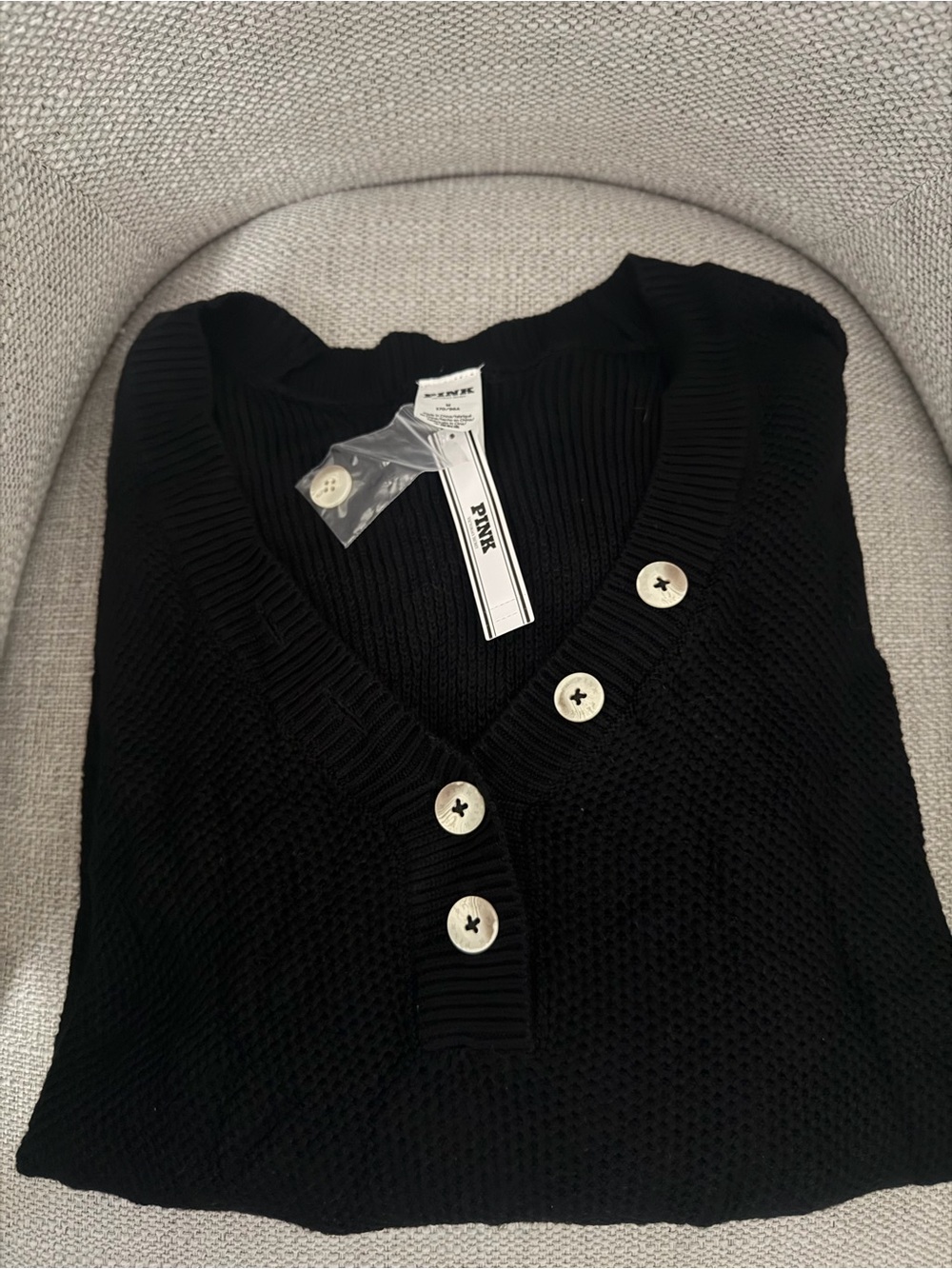 PINK Victoria's Secret Black V-Neck Button Knit Top